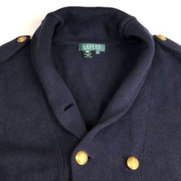 Large Navy Gold Double Breasted Cardigan Sweater - Picture 3 of 6